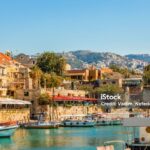 Mediterranean Jbeil port lagoon with anchored fishing boats, Biblos, Lebanon
